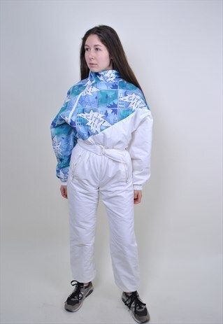 VINTAGE WHITE SKI SUIT, 80S COMICS CITY PRINT SNOW SUIT