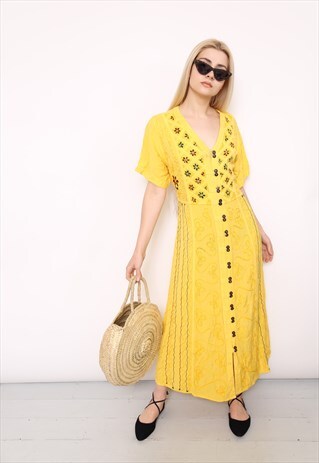 VINTAGE 90S YELLOW EMBROIDERED INDIAN COTTON DRESS