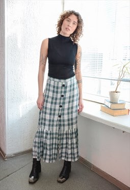 Vintage Green/White Checked Midi Skirt