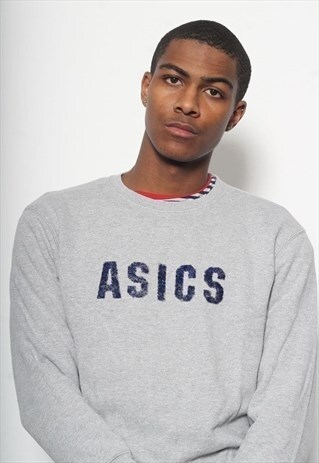 VINTAGE ASICS BIG SPELL OUT LOGO SWEATSHIRT GREY