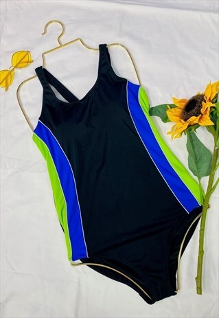 VINTAGE 80S BLACK COLOUR BLOCK STRIPED SWIMSUIT