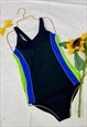 Vintage 80s Black Colour Block Striped Swimsuit 