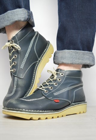 VINTAGE 90S KICKERS NAVY LEATHER ANKLE BOOTS RETRO HIPSTER