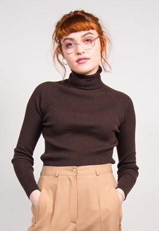 90'S VINTAGE RIBBED BROWN ROLL NECK JUMPER