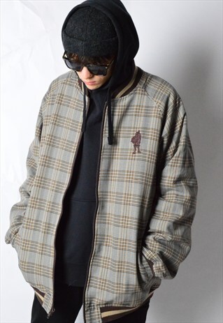 AND1 VINTAGE 90S GREY BROWN CHECK BASKETBALL BOMBER JACKET