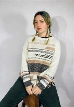 Vintage Size S Abstract Knit Grandad Jumper in Multi