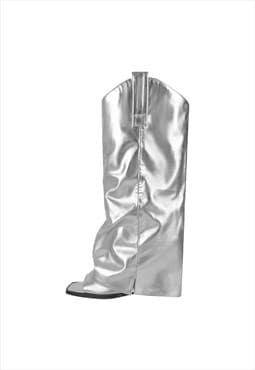 Metallic Square Toe Wedge Heel Fold Over Sandal Boots