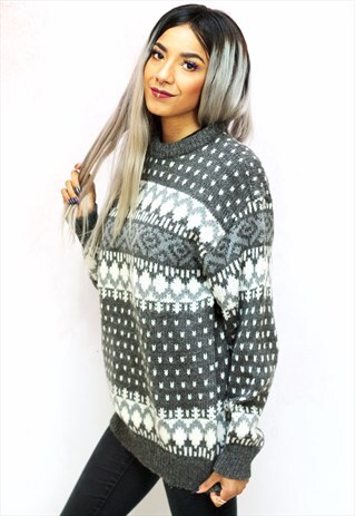 1980S VINTAGE GREY AND CREAM ICELANDIC WOOL KNIT JUMPER