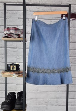 90s Vintage Grunge Midi Blue Denim Skirt w/ Crochet Panel