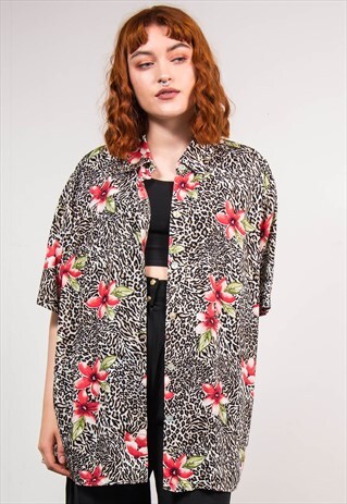 90'S VINTAGE LEOPARD PRINT FLORAL PATTERN FESTIVAL SHIRT