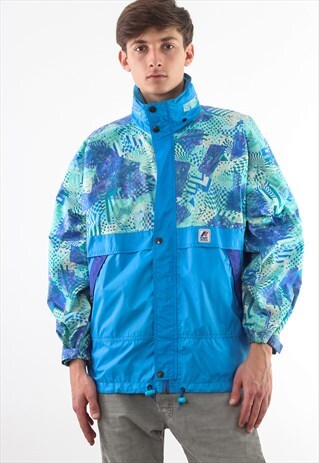 VINTAGE K-WAY 2000 WINDBREAKER RAINCOAT 90S BLUE PRINTED
