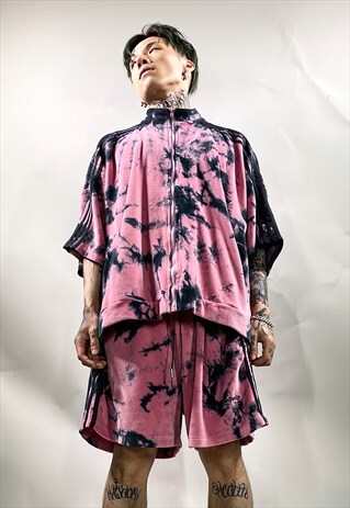 GRADIENT VELVET TIE-DYE SLOGAN TRACK JACKET IN FADED PINK