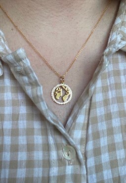 Gold World Map CZ Necklace