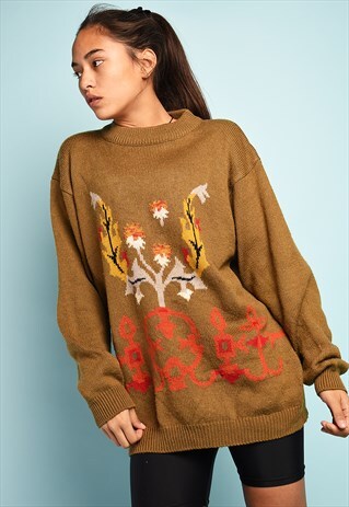 VINTAGE 80S RETRO FLORAL FOLK PATTERN OVERSIZED KNIT JUMPER