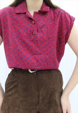 70s Vintage Red Floral Sleeveless Shirt