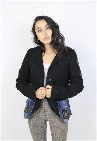 VINTAGE 90'S BLACK DENIM PATCHED JACKET