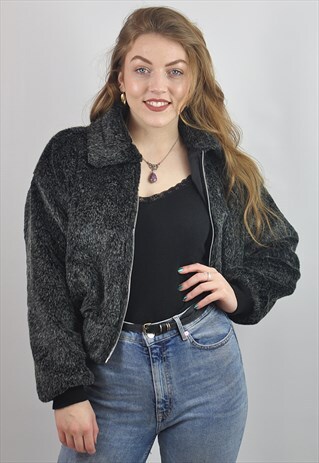 VINTAGE 90S GREY FAUX FUR BOMBER JACKET