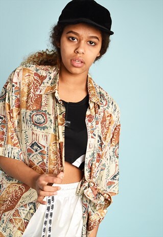 90'S RETRO SILK ABSTRACT PRINT FESTIVAL OVERSIZED BLOUSE TOP