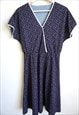 VINTAGE DARK BLUE DRESS DRESSES POLKA DOTS MIDI V NECK