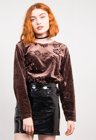 VINTAGE 90'S BROWN FLORAL PATTERN VELVET TOP
