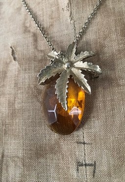 Vintage 50's Metal Gold Pendant Necklace Amber Stone