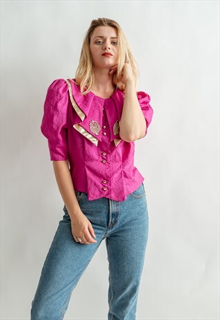 VINTAGE 80S PUFFER SLEEVE FUNKY BLOUSE WITH GOLDEN TRIM