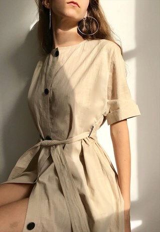 WICKER BEIGE SHORT SLEEVE COTTON BUTTON DOWN DRESS