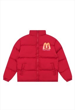 Fast food bomber jacket burger print puffer skater coat red