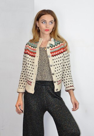 VINTAGE CREAM NORDIC KNITTED PATTERN CARDIGAN