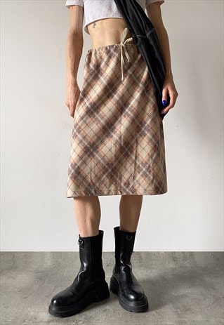 Y2K 00S YELLOW PLAID ARGYLE MIDI SKIRT WITH DRAWSTRING WAIST