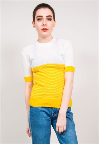 VINTAGE 70'S YELLOW STRIPED RIBBED KNIT HIGH NECK TOP