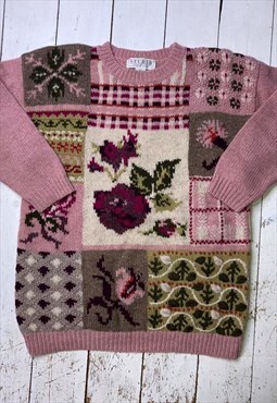 vintage 90s autumn knitted flower jumper cottage core  