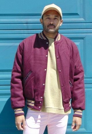 MINIMALIST SPORTSWEAR BURGUNDY WOOL VARSITY BOMBER JACKET
