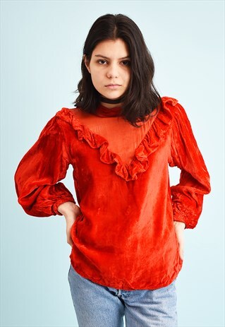 80'S RETRO VELVET RUFFLE MOMS BLOUSE TOP