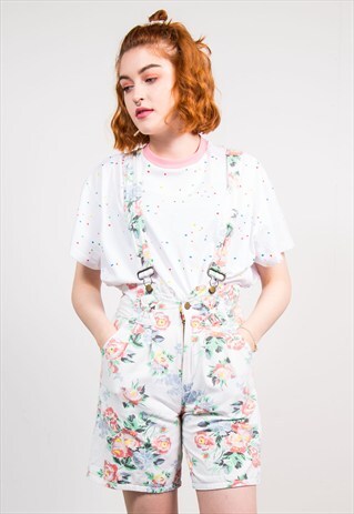 90'S VINTAGE WHITE FLORAL PATTERN CUTE DENIM DUNGAREES
