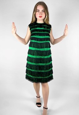 60's Vintage Ladies Green Satin Black Fringed Dress