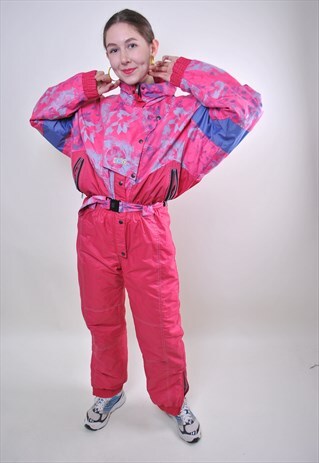VINTAGE PINK FLORAL SKI SUIT, WOMAN RETRO ONE PIECE SNOWSUIT