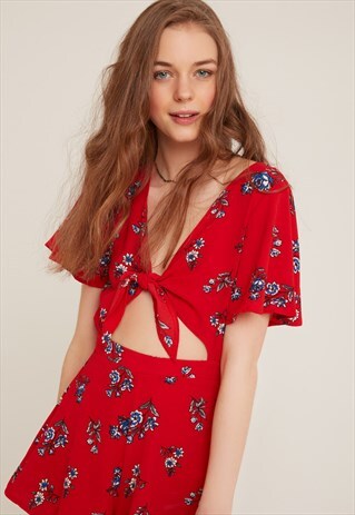 SUBDUED FLORAL PLAYSUIT WITH FRONT BOW