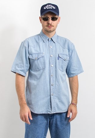 Vintage 90's denim shirt in blue short sleeve men
