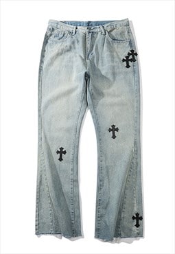 Blue Crosses embroidered Denim jeans pants trousers unisex