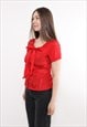 90S RED TIE COLLAR TOP, VINTAGE OFFICE STYLE CUTE BLOUSE