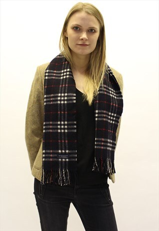 VINTAGE CASHMERE CHECKED SCARF NAVY-AS78
