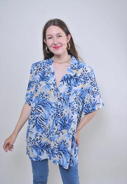Floral print vintage blue blouse, retro holiday shirt 