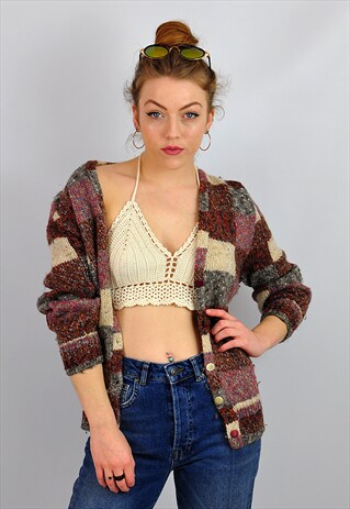 VINTAGE '80S CHECK CHUNKY KNIT PATTERN CARDIGAN