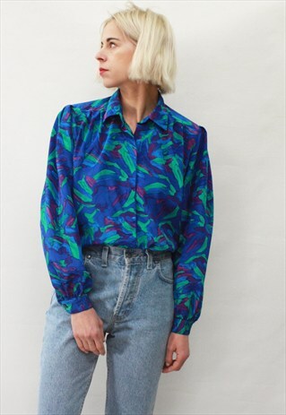 VINTAGE 80' AMAZING BEAUTIFUL COLORFUL BLUE SHIRT
