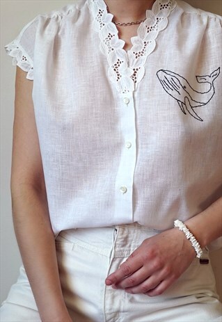 REWORKED VINTAGE HAND EMBROIDERED WHITE SHIRT WITH LACES