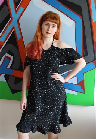 VINTAGE DRESS 80S BLACK RED FLORAL HALTERNECK MIDI DRESS