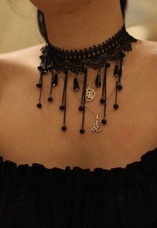 BLACK LACE CHOCKER WITH DROP EMBROIDERY JEWELS