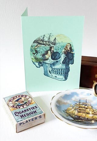 MERMAID SKULL BLANK GREETING CARD GREEN