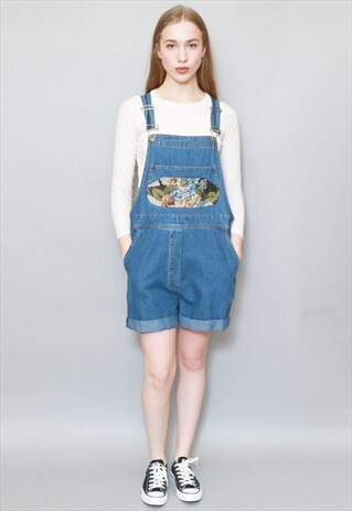 VINTAGE 1990'S MID WASH FLORAL POCKET SHORT DENIM DUNGAREES